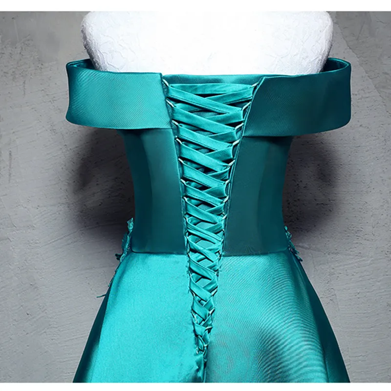 

High Quality Green Taffeta Off the Shoulder Short Sleeve Backless Lace Up Appliques Dresses for Women Ball Gown vestidos 1005C