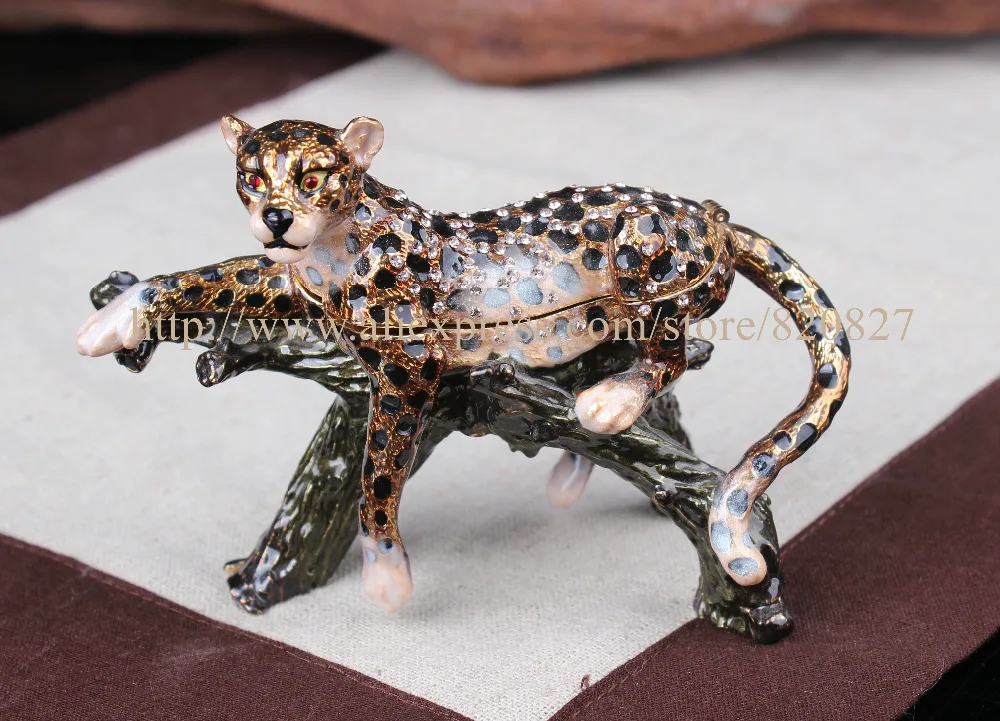 

Jaguar Leopard Trinket Box Jewelry Box Anmial Pill Box Figurine Leopard on Tree Branch Jeweled Pewter Trinket Jewelry box