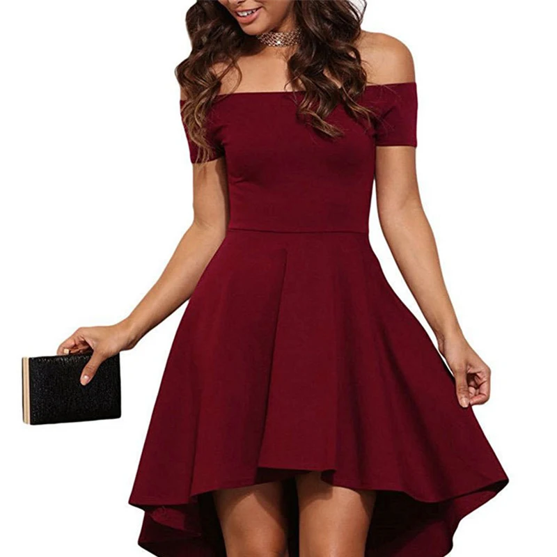 Винтажные платья 2018 летние женские бордовые красные винные с вырезом лодочкой