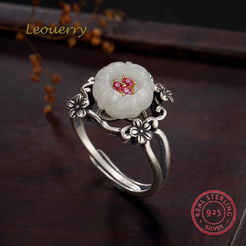 

Кольца Leouerry из стерлингового серебра 925 пробы с натуральным нефритом, винтажные роскошные кольца из белого нефрита с цветком сливы для женщ...