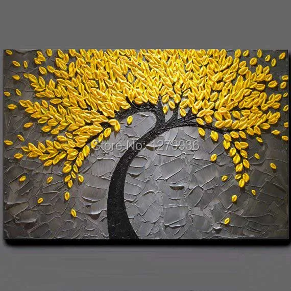Популярный золотой пейзаж на удачу с золотым деревом ручная роспись ножом желтым