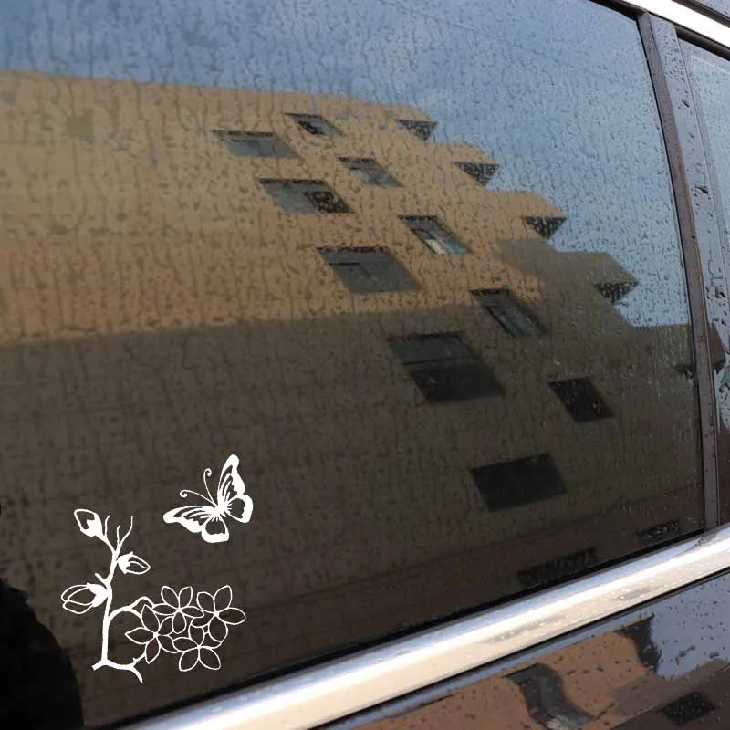 YJZT 15.2CM*16.2CM Cartoon Butterfly With Branches And Leaves Original Vinyl Decal Cool Car Sticker Black/Silver C19-0625 | Автомобили и