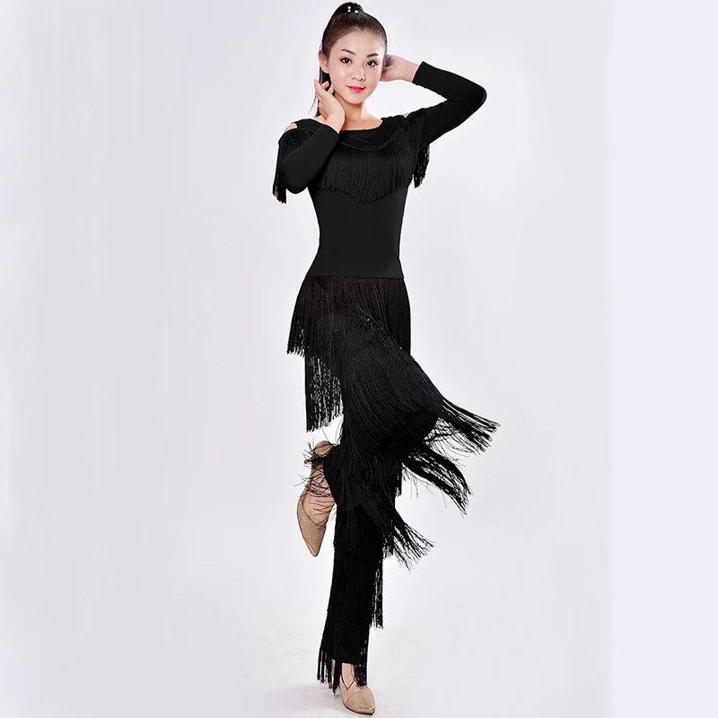 New 2021 Latin Modern Dance Suits Women/girls Sexy Fringes Long Pants Ballroom/tango/rumba/latin Dresses Clothings For Dancer