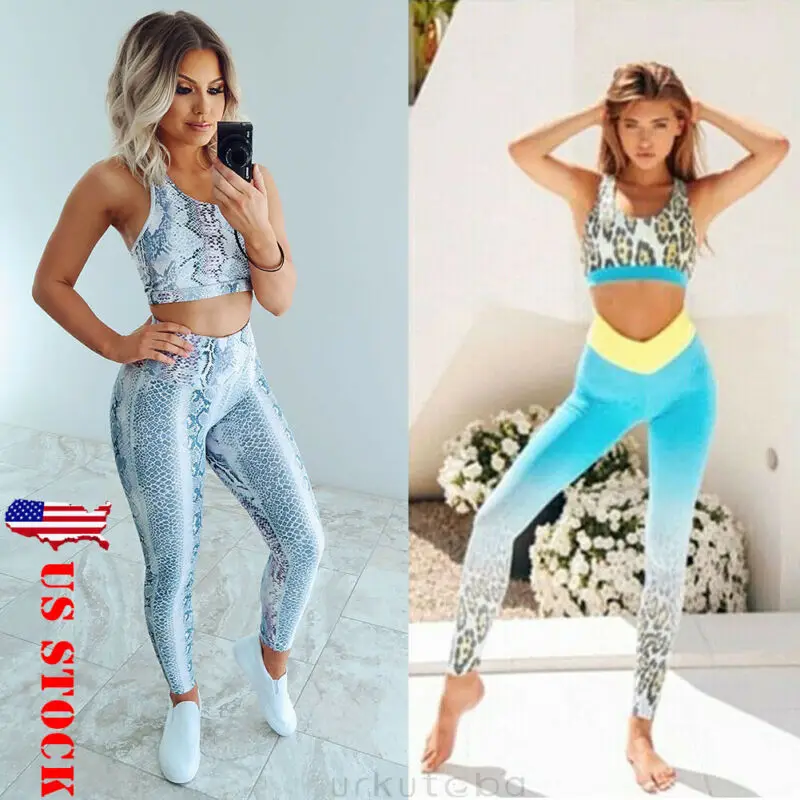 US Women Work Out Gym Clothes Sets Running Yoga Fitness Sportwear Tops+Pants Vest Bra Sports Legging Pants |