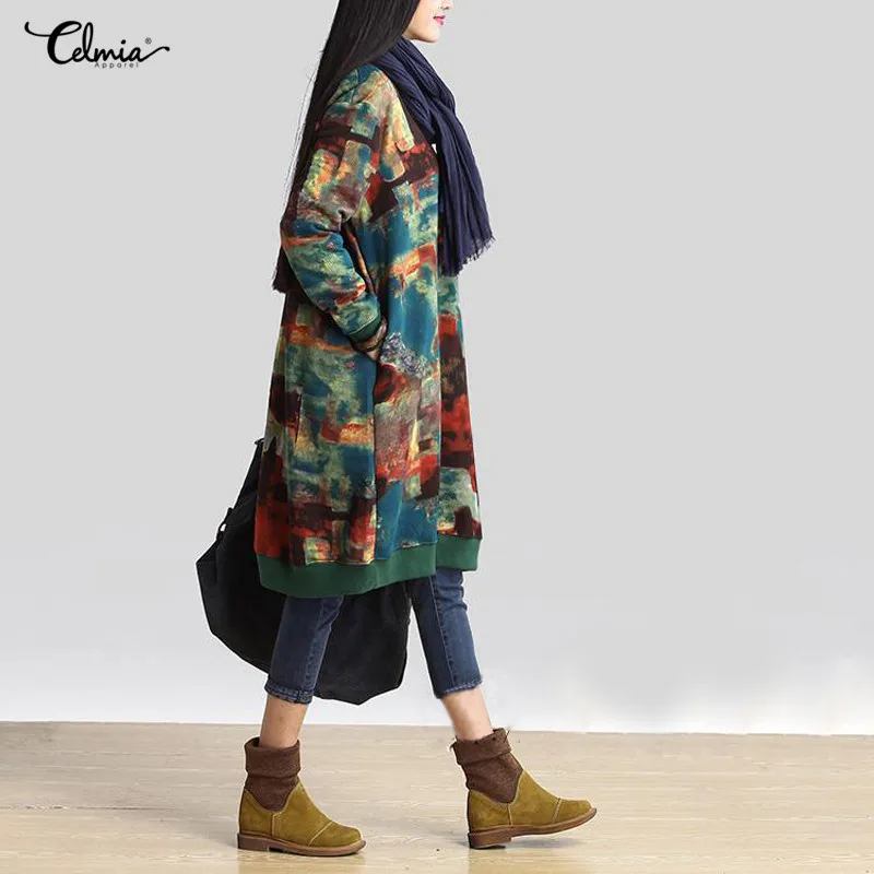 Women Warm Winter Oversized Sweatshirt Dress Celmia Autumn Pullover 2023 Long Sleeve Robes Casual Loose Printed Retro Work Tunic