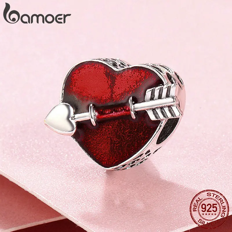 BAMOER, серебро 925 пробы, первая любовь, гравировка, стрелы, сердце, шарм, бусины, подходит для браслета, ювелирные изделия, подарок на день Святого Валентина SCC480