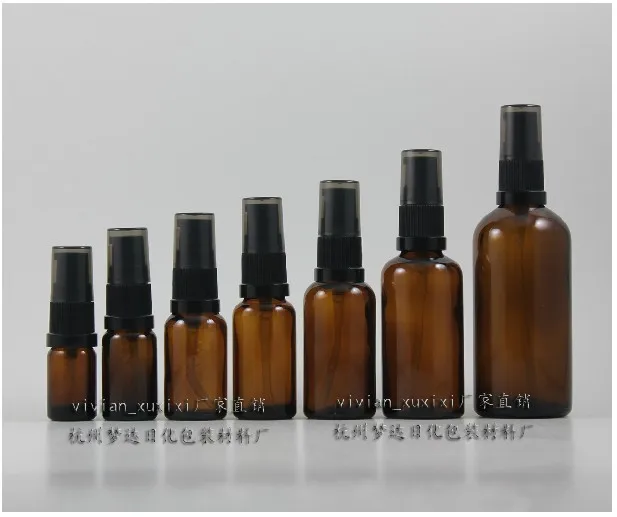 

50pcs wholesale 30ml round amber lotion packaging with black plastic pump , empty brown 1 ounce cosmetic bottles for lotion
