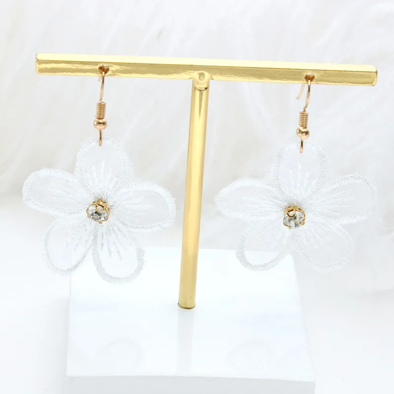 New Summer Flowers White with Rhinestones Chiffon Lace Long Dangle Earrings Big Drop for Women Jewelry Fashion | Украшения и