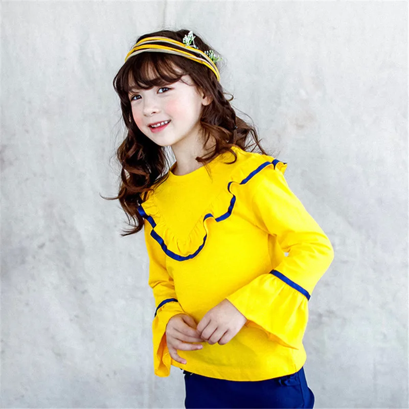 

Girls T-shirt Long Sleeve Spring Autumn Bottoming Shirt Lotus Leaf Lace Cotton Tops 2-8Y Kids Fashion Trumpet Sleeves T-Shirt