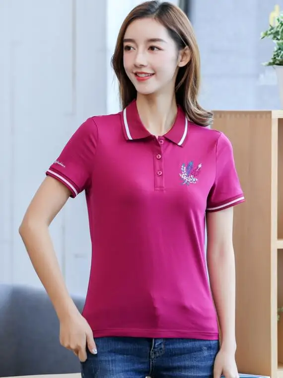 rose purple Baharcelin 3XL 4XL Лето Большой размер Топы-поло Женская Девушка Turn-Down воротник поло с коротким рукавом Хлопок Женский спортивный топ одежда - Цвет: rose purple
