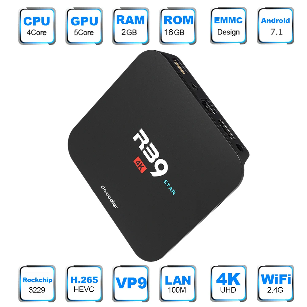 Android 7 1 Docooler R39 STAR Smart TV Box RK3229 четырехъядерный UHD 4K VP9 H.265 2 ГБ/16 ГБ DLNA WiFi LAN HD