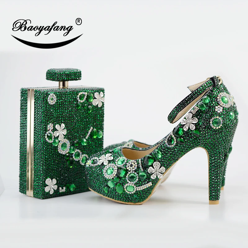 

BaoYaFang New Luxury Green Crstal shoe woman 11cm Thick heel Ladies Party shoes and bags Ankle strap Buckle Fashion Wedding shoe