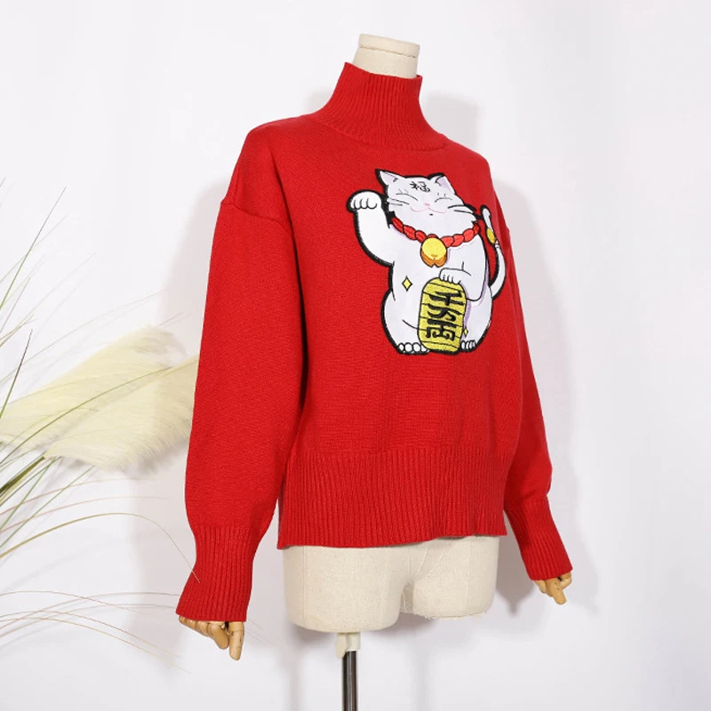 Япония Стиль Lucky Cat аппликации осенне-зимние женские свободные эластичные
