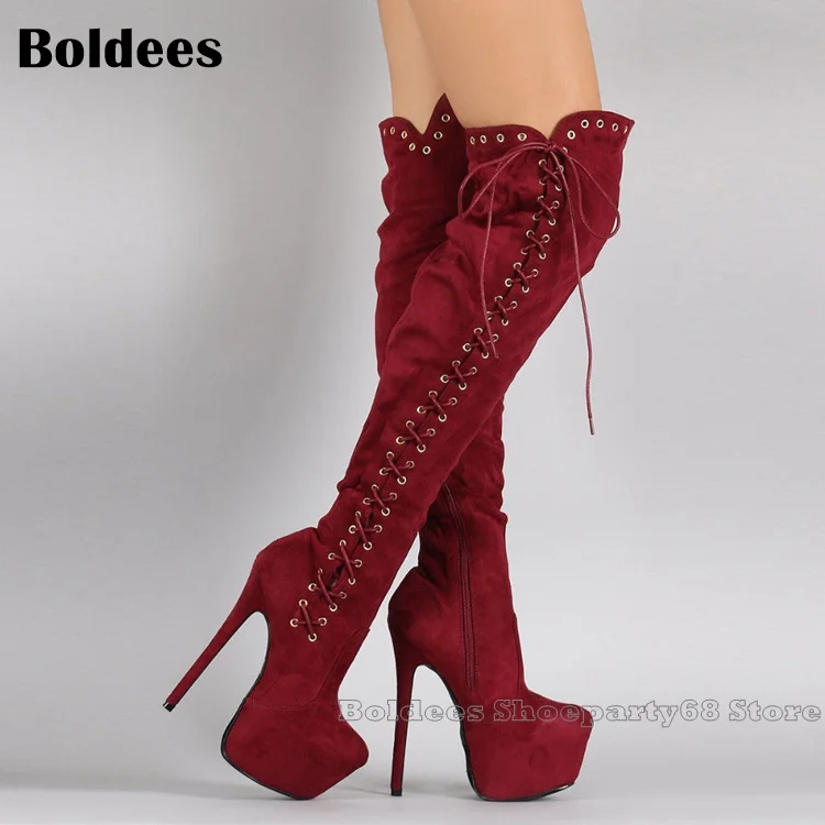 

Fashion Round Toe European Design Wine Red Lace Up Over The Knee Winter Long Boots Women Platform Boot