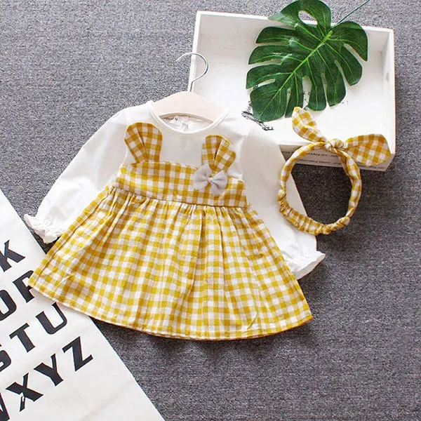 yellow baby dress Весенняя одежда для маленьких девочек; платье-комбинезон; повязка на голову для новорожденных; платья для малышей на первый День рождения; одежда с длинными рукавами для девочек; платье - Цвет: yellow baby dress