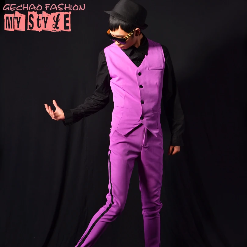 

M-6XL!!Nightclub bar male singer DSDJ Quan Zhilong GD long purple stitching set bar costume clothing.