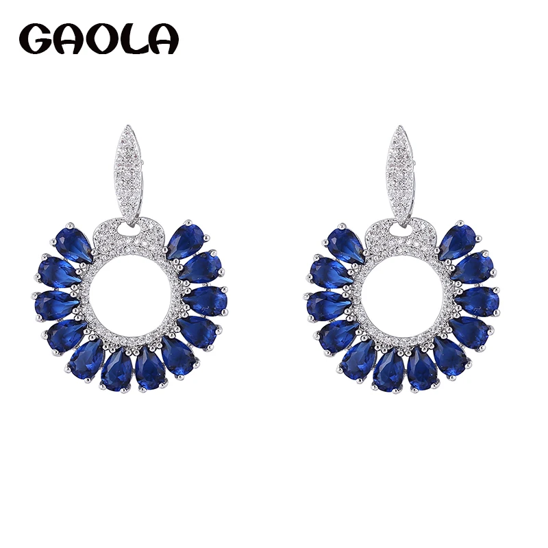 Женские круглые серьги подвески GAOLA свадебные с цветком из фианита GLE6659Y|wedding