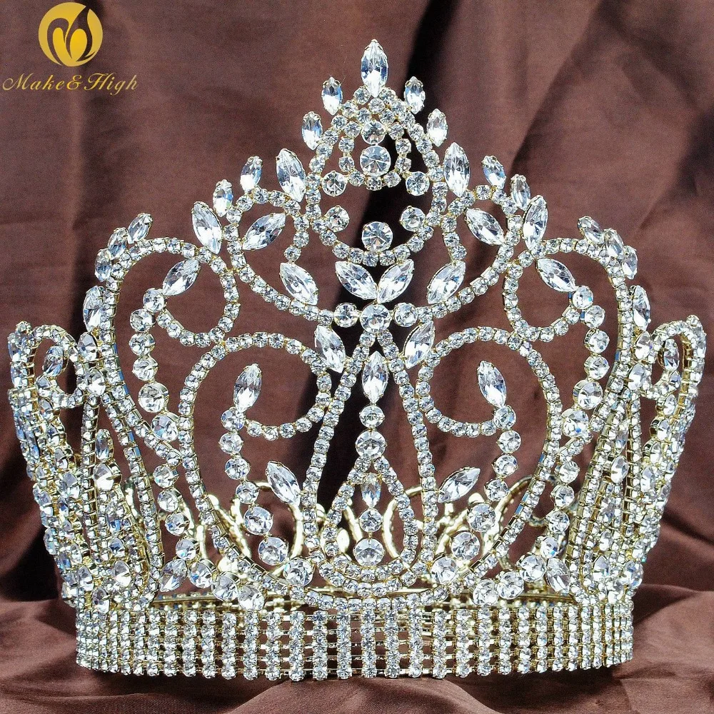 

Fantastic 7" Tiara Hair Diadem Full Round Gold Crown Clear Austrian Rhinestone Wedding Bridal Miss Pageant Party Costume