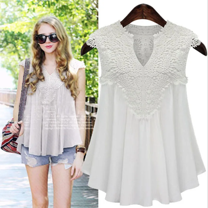 

M-5XL new loose tops elegant fashion sexy lace stitching pleated puse size women's sleeveless V-neck chiffon shirt 2019 aa14
