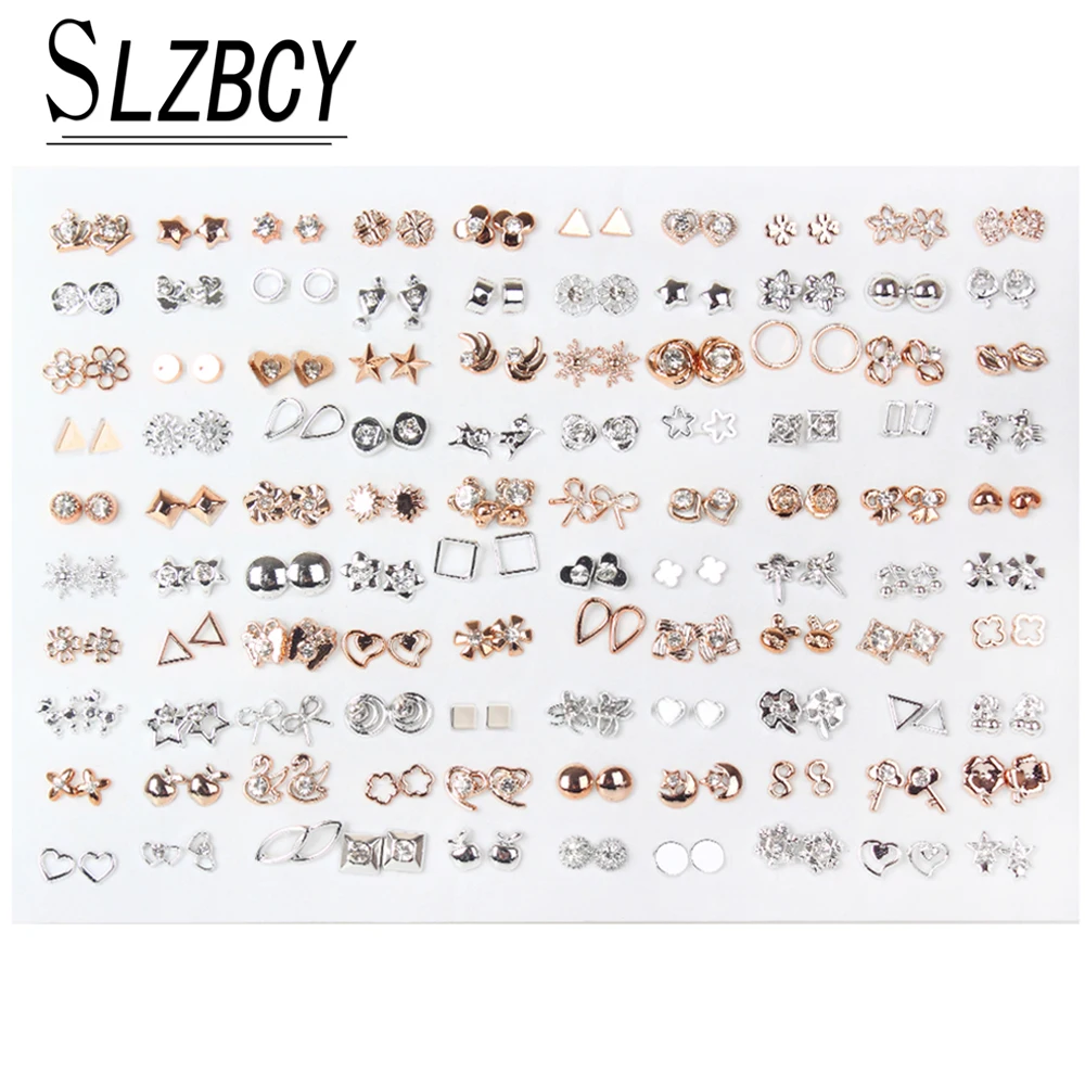 100pairs/set Acrylic Rhinestone Small Stud Earrings Set For Women Girls Gold Silver Color Geometric Flower Star Earring Jewelry | Украшения