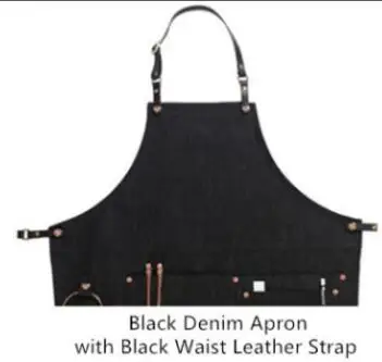 BlackDenimBlackStrap Черный серый джинсовый фартук с кожаным ремешком для парикмахера, парикмахера, художника, флориста, рабочая одежда бариста, бармена, пекаря, барбекю, шеф-повара, униформа K37 - Цвет: BlackDenimBlackStrap