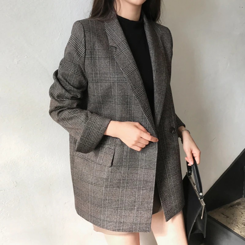 2021 Spring autumn Plaid Blazer Women double breasted Long Sleeve Suit Jacket Female Casual Coat |