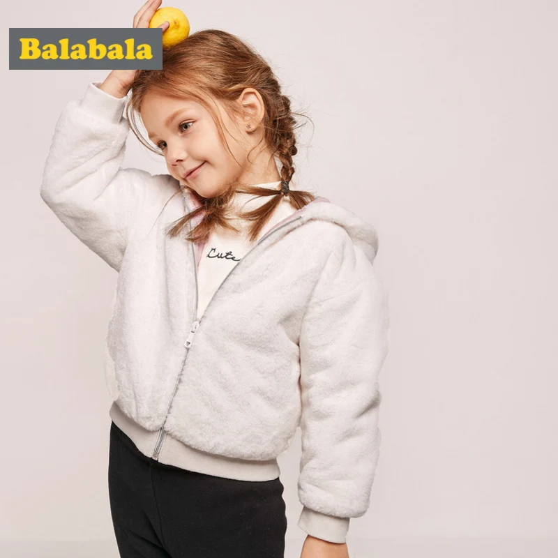 Balabala Toddler Girl Critter Rabbit Fur Hooded Jacket Silky Polyester with Ribbed Cuff and Hem Kids Zip Lined Hood | Детская одежда и
