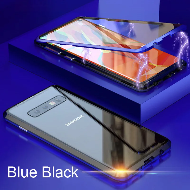 360 двухсторонняя, для стекла Магнитная Адсорбция чехол для samsung Galaxy S10 S9 S8 Plus+ Note 9 8 металлический магнит закаленное стекло Capinha - Цвет: Black Blue
