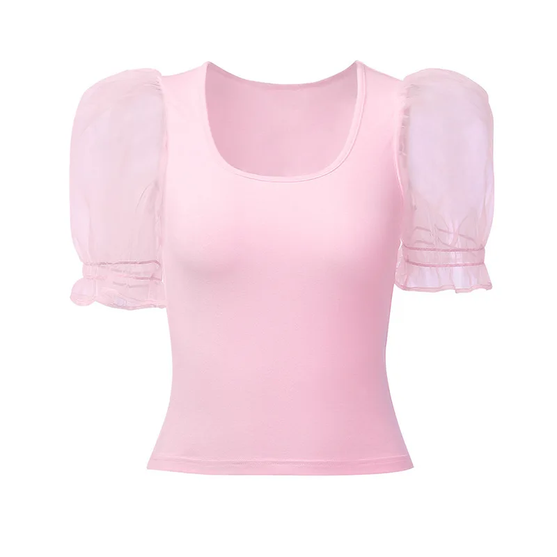 Women Pink Puff Sleeve T-Shirt Mesh Cotton Crop Top Tee Fashion Summer Lady Girls Casual Korea O Neck Short T-shirt | Женская одежда