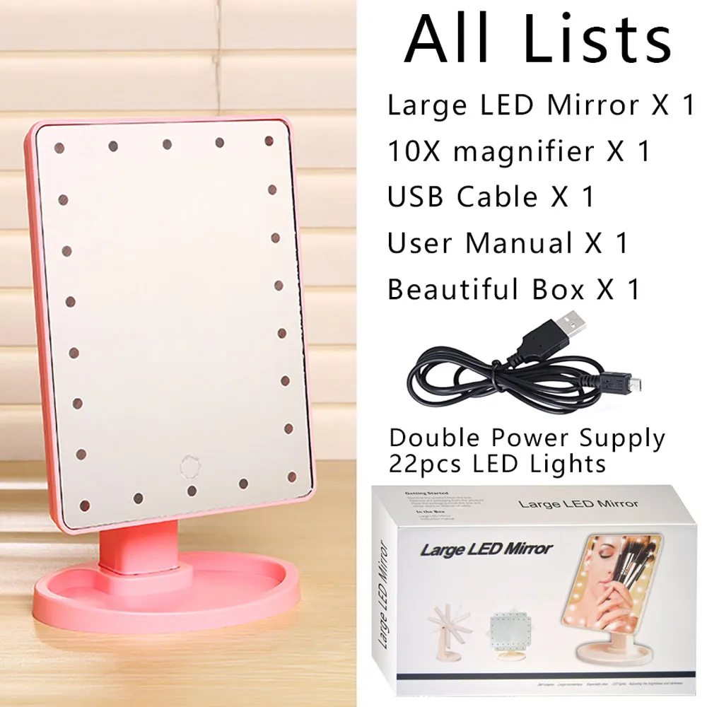 Large Mirror Pink 22 светодиодный светильник с сенсорным экраном, зеркальная лампа для макияжа 2X, 3X, 10X, лупа, USB или батареи, карманная ручная косметичка, мини стекло с коробкой Zeasky - Цвет: Large Mirror Pink