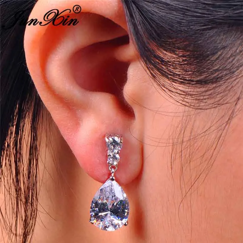 White Earrings JUNXIN мистический огненный Циркон слеза Циркон Висячие серьги для женщин Фиолетовый Синий Зеленый Радуга камень грушевидной формы свадебные серьги для женщин - Окраска металла: White Earrings