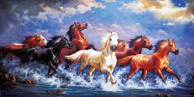 

free shipping wall art decoration pictures chinese 8 Horse blue sky landscape oil painting canvas printings printed on canvas