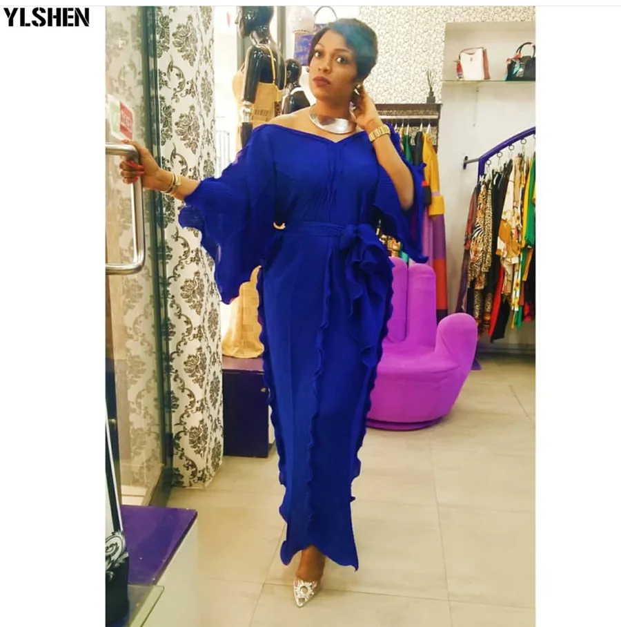 Royal blue Новые африканские платья для женщин Дашики Фалбала африканские платья одежда Базен Riche Сексуальные Плиссированные v-образным вырезом Длинные африканские макси платья для женщин - Цвет: Royal blue