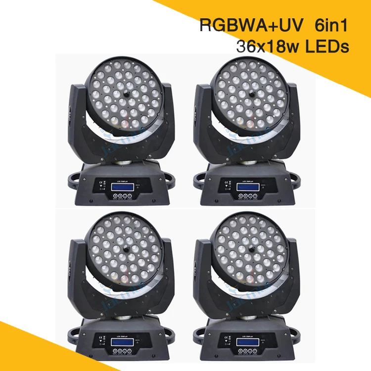 

4 шт./лот 36*18 Вт Led Zoom Moving Head Lights RGBWA UV 6in1 Led Zoom Wash Moving Head Light Stage Special Color Mixing Lighting