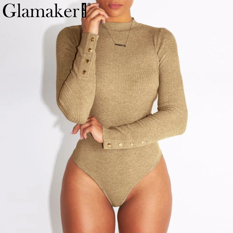 Glamaker, трикотажный сексуальный облегающий боди с высоким воротом, женский короткий комбинезон с пуговицами, женский комбинезон с длинным рукавом, повседневный комбинезон