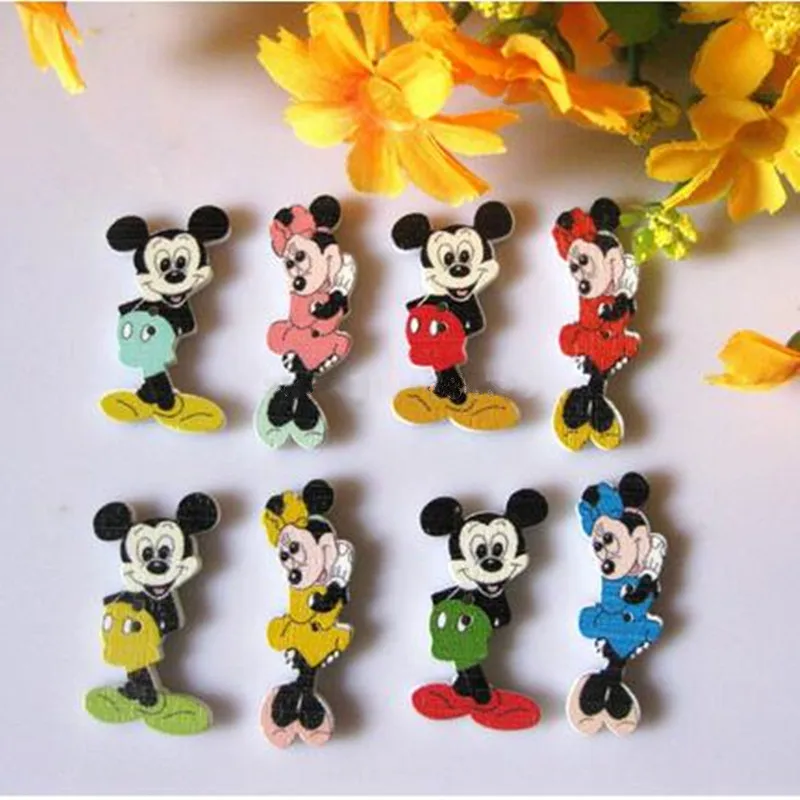 10 шт./лот объемные пуговицы Микки Мауса с 2 отверстиями натуральные деревянные