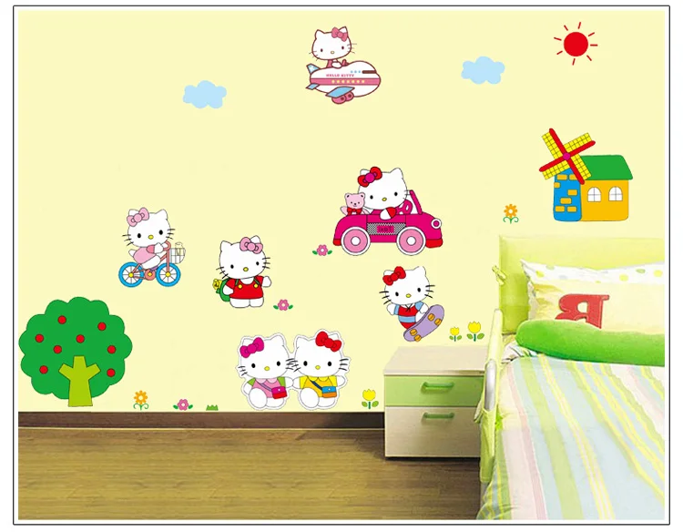 lovely girl Hello Kitty 4 children bedroom kindergarten TV setting Wall stickers Early education Decorative | Дом и сад