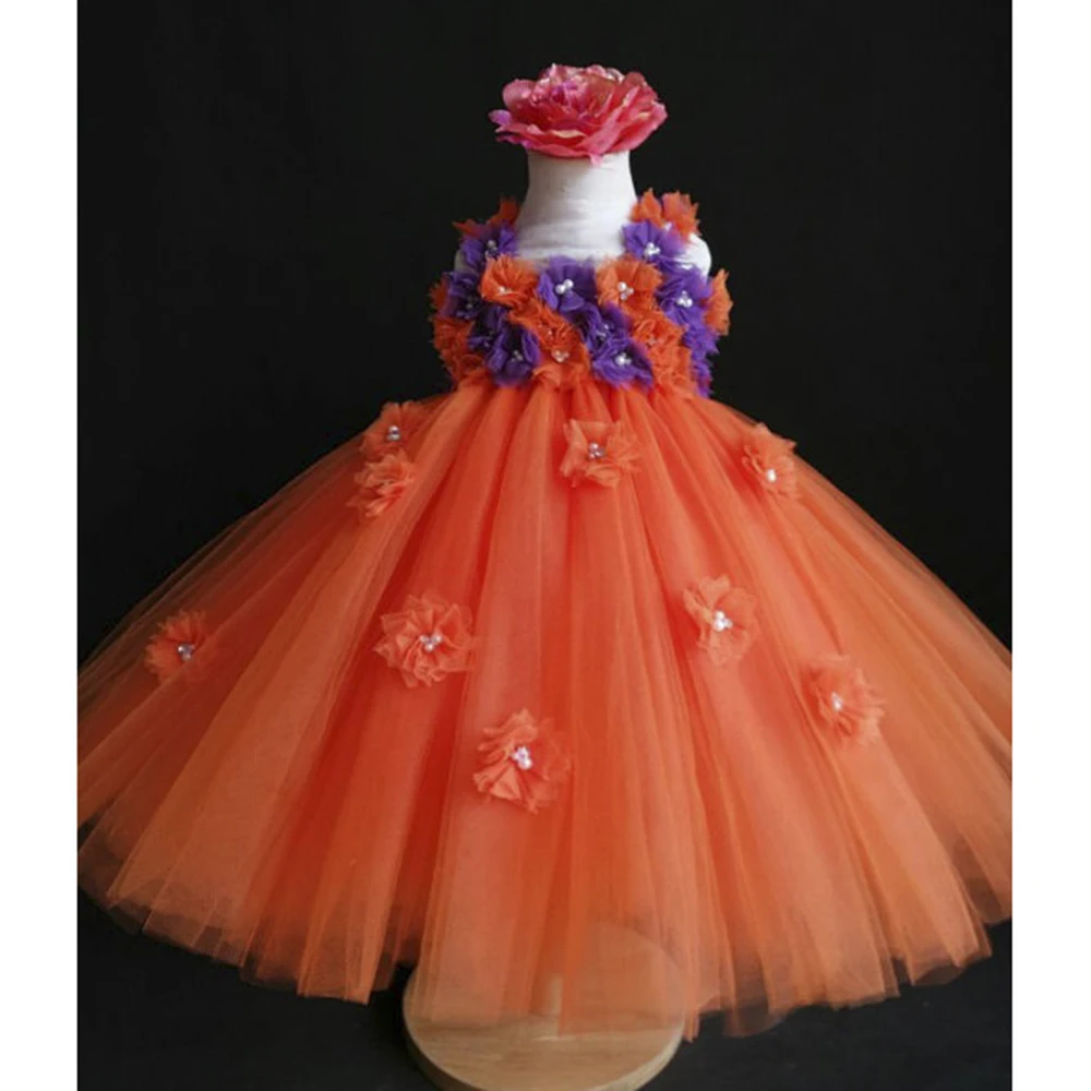 Платье-пачка с цветами для девочек оранжевый и фиолетовый цвет оранжевое платье
