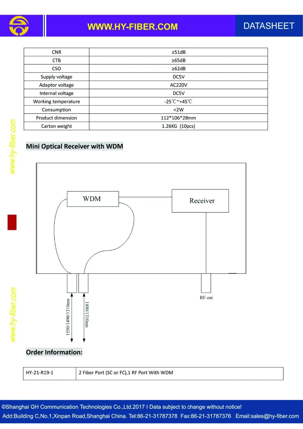 FTTH оптический приемник с WDM CATV оптический узел один РЧ порт SC/APC порт HY-21-R19