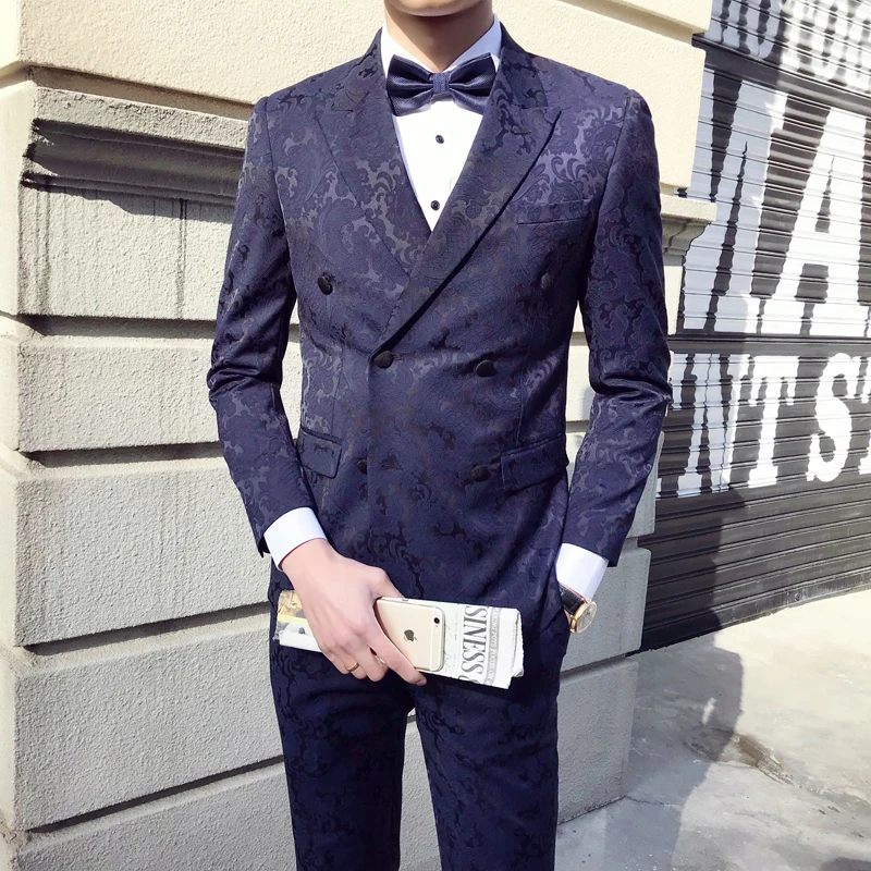 Цветочный узор жаккардовый костюм Для мужчин 2019 Slim Fit 3 предмета s двубортный цвет: