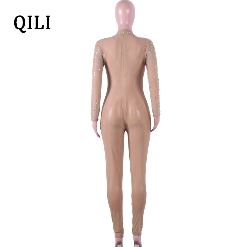QILI, женские комбинезоны, стразы, сексуальные, прозрачные, сетчатые, обтягивающие, длинные штаны, Облегающий комбинезон, черный, хаки, клубный комбинезон