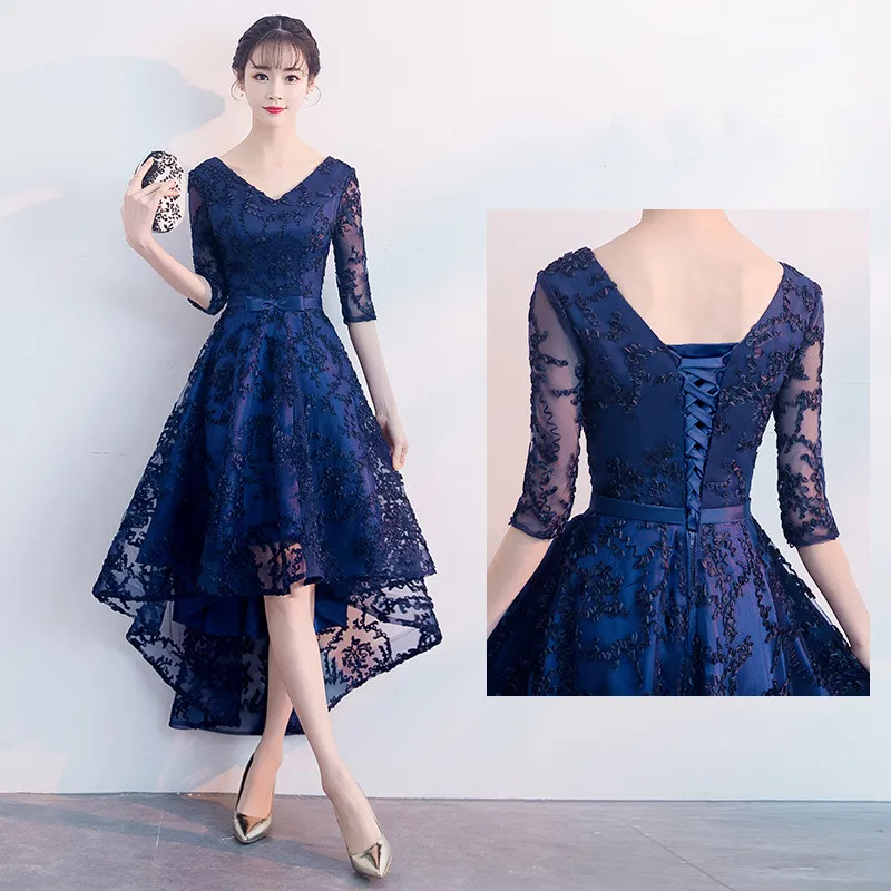 skirt lace Темно-синие вечерние платья с v-образным вырезом, короткие спереди, с длинным задним кружевным бантом, а-силуэт, без рукавов, женские вечерние платья для выпускного вечера - Цвет: skirt lace