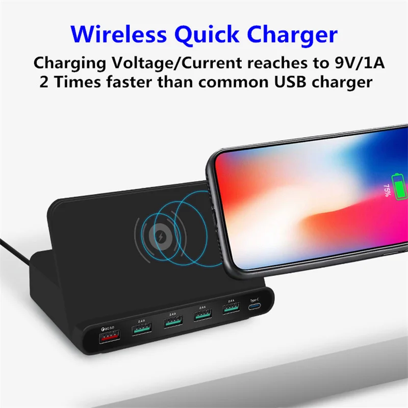 

3-in-1 Wireless Charger QC 3.0 Fast Charge 5 USB Ports Type C Charging Dock Station Stand for iphone Samsung Xiaomi Smartphone