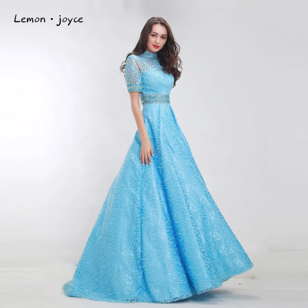 Синие Выпускные платья 2020 с коротким рукавом иллюзия трапециевидные вечерние