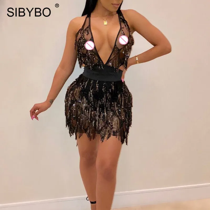 Sibybo прозрачное сексуальное женское платье с блестками и сеткой с глубоким v-образным вырезом на спине летнее Бандажное платье мини Вечерние платья для ночного клуба
