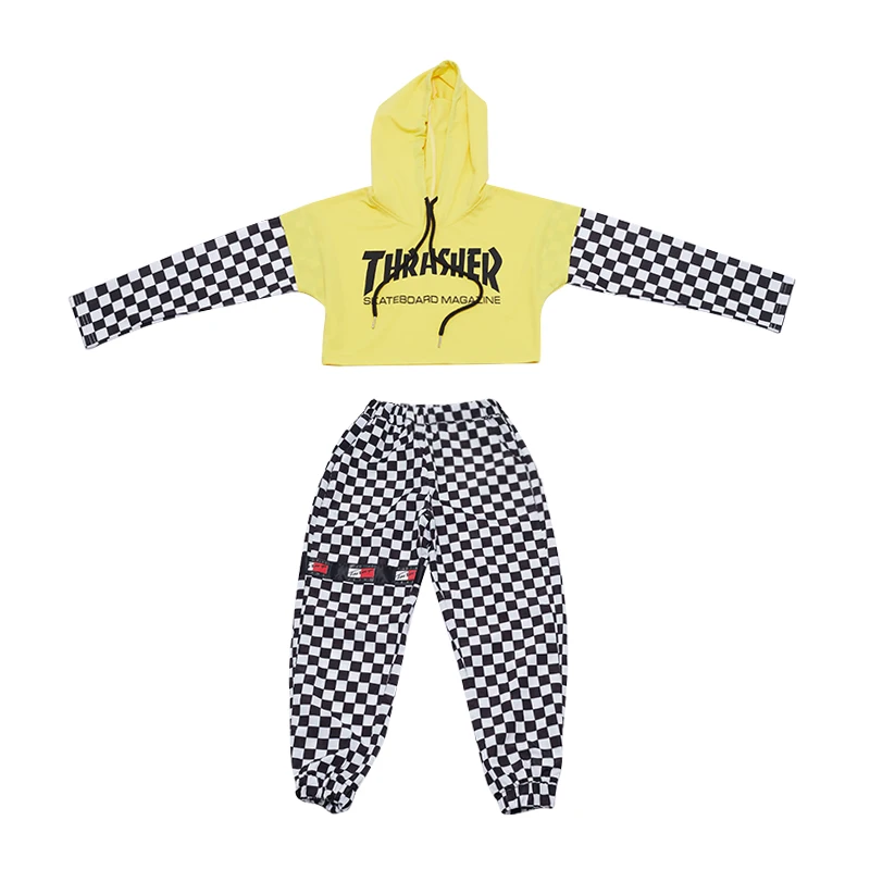 

2019 Hip Hop Dance Costumes For Girls Plaid Suit Yellow Long Sleeve Jazz Clothing Street Dance Children Red Stage Costume BL1764