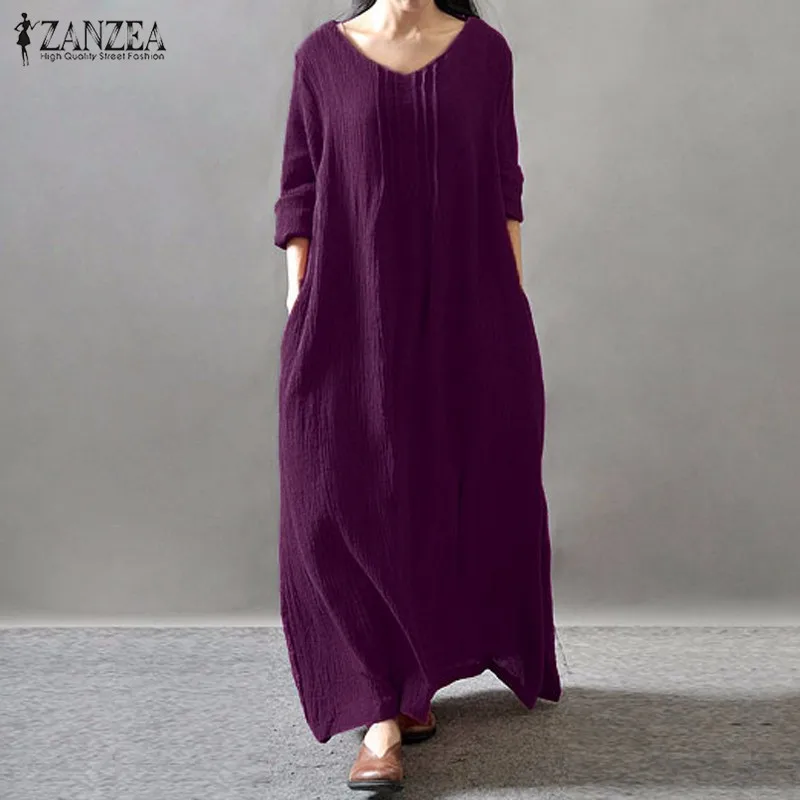 

Женское элегантное платье ZANZEA Осень 2022 года с V-образным вырезом и длинным рукавом в пол повседневное свободное однотонное длинное платье в ...