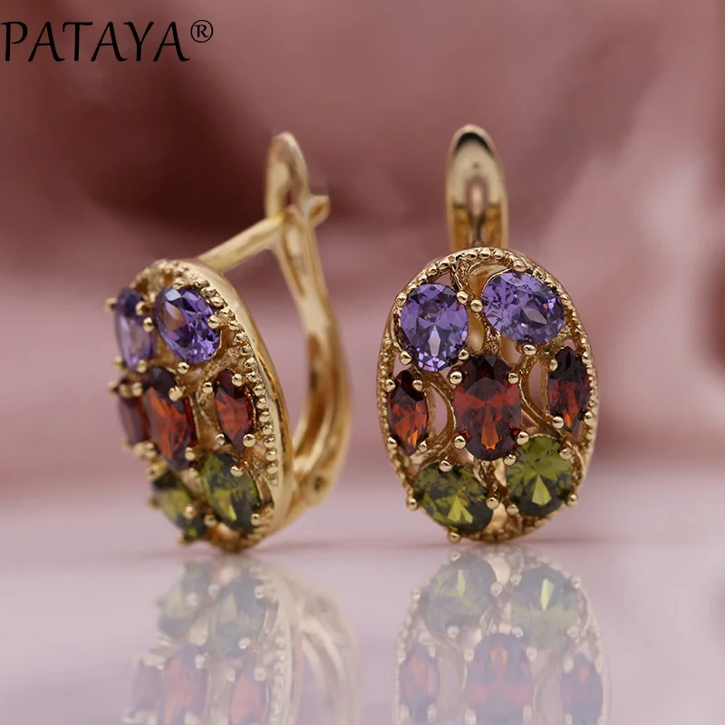 PATAYA, новинка, розовые овальные серьги, женская мода, хорошее ювелирное изделие, 585, розовое золото, микро воск, инкрустация, голубой натуральный циркон, свисающие серьги