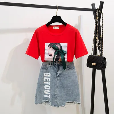 Women Bow Appliques Tshirt +Letter Denim Shorts 2PCS Sets Short Sleeve Cotton Tops + Jeans Mini Clothing Suits | Женская одежда