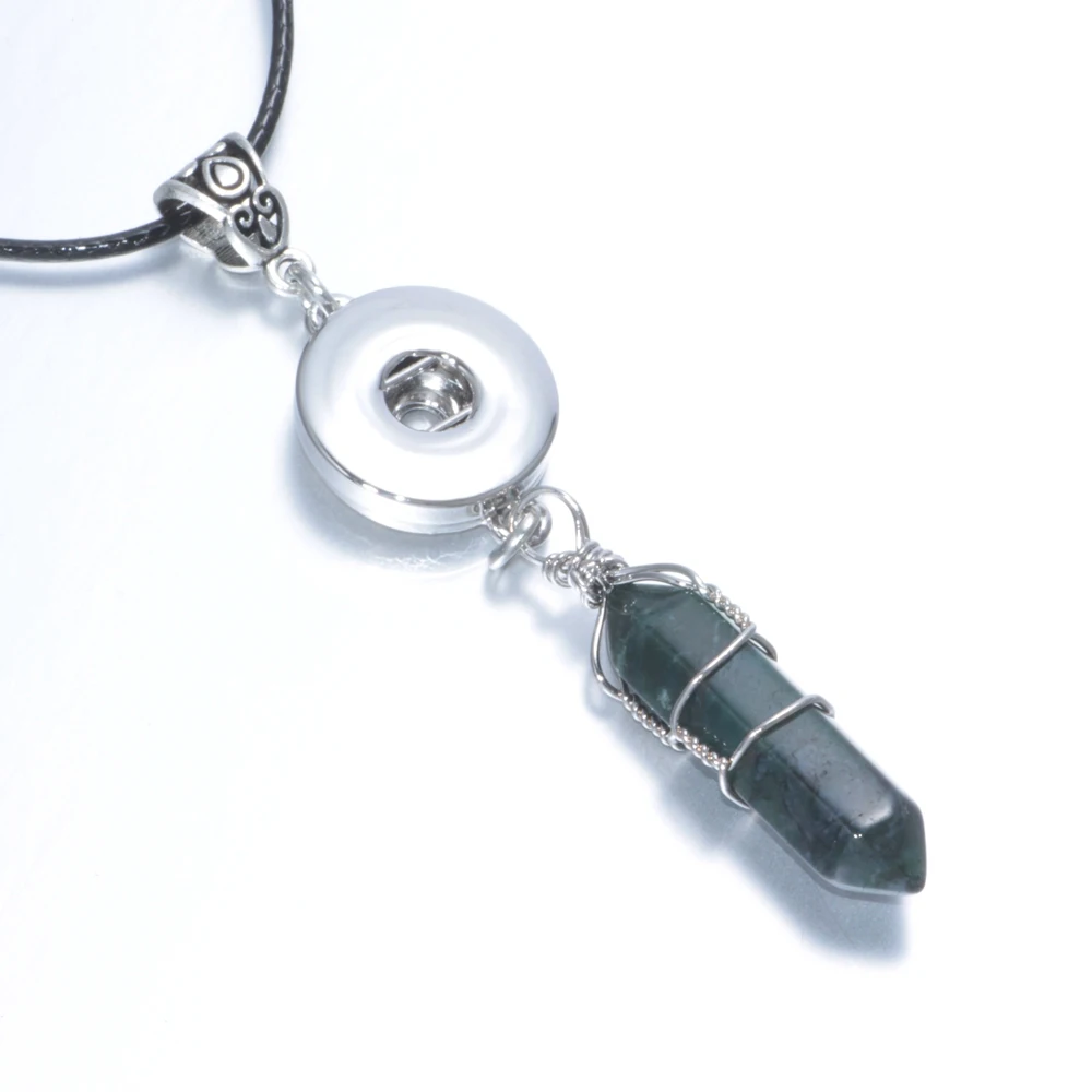 18mm Snap Jewelry Button Charms Atrovirens Natural Hexagon Stone Pendant of Necklace With Black Leather DZ0118g| |